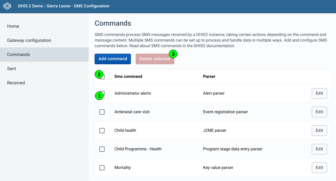SMS Commands - Delete selection