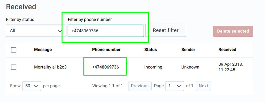 SMS Inbound SMSes - Filter inbound SMSes by status