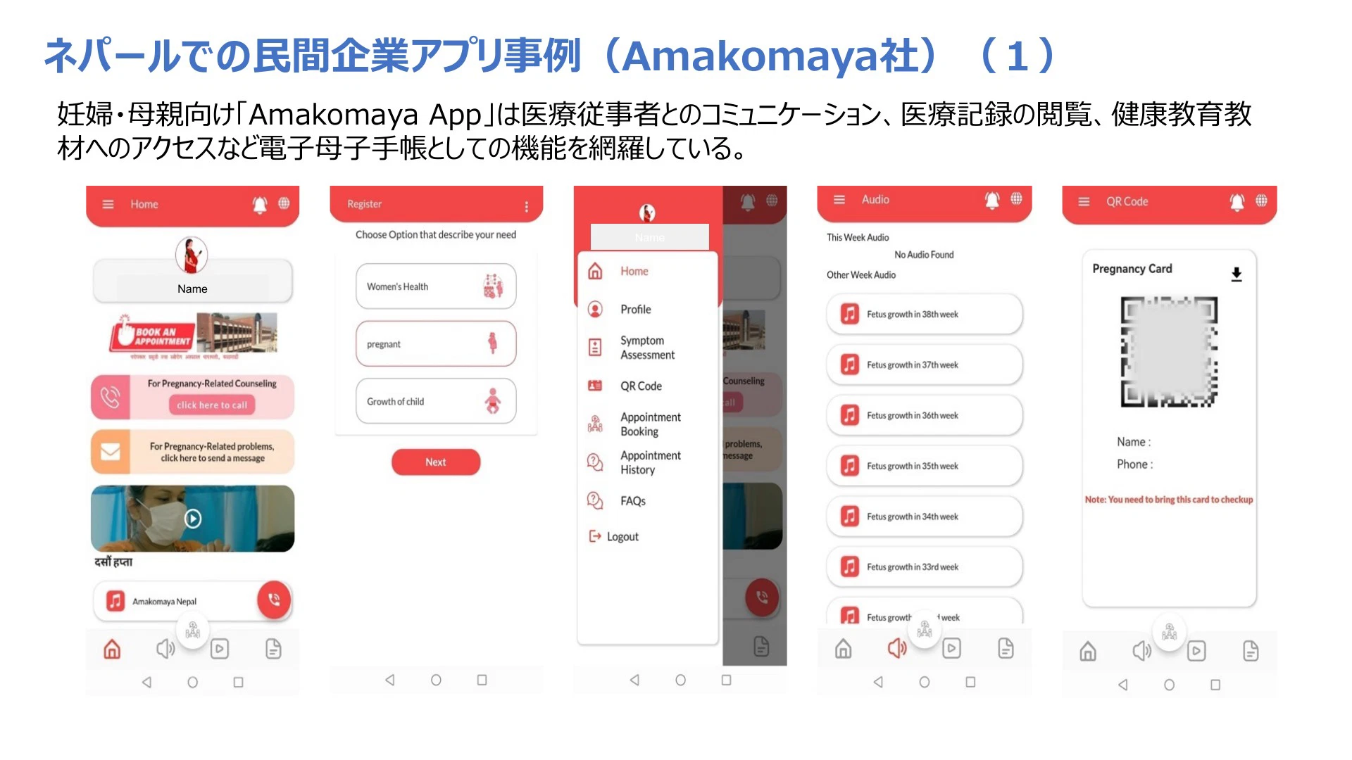 Presentation slide showing Amakomaya app screens under a Japanese heading