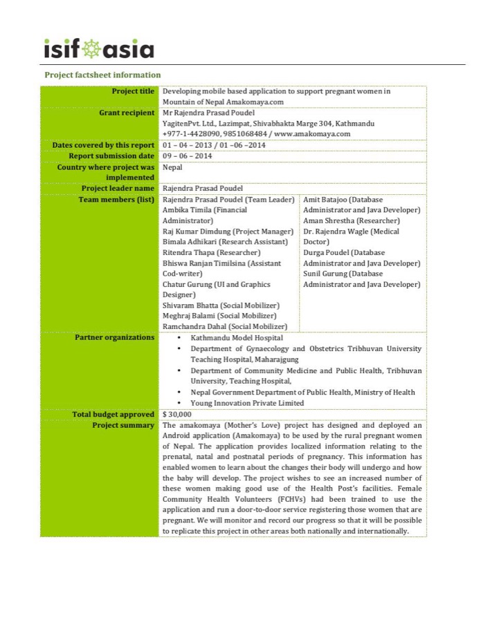 First page of the ISIF Asia technical report for the project